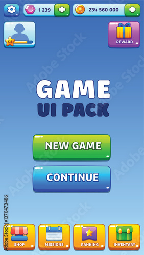 GUI Kit casual Asset for a game, a set of elements for the game interface - vector UI objects. Main menu.