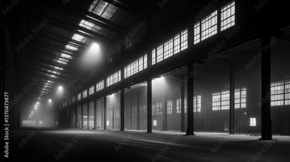 An empty industrial building with multiple illuminated windows and support beams An empty industrial building with multiple illuminated windows and support beams