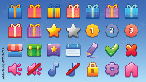 GUI Kit casual Asset for a game, a set of elements for the game interface - vector UI objects. Icons.