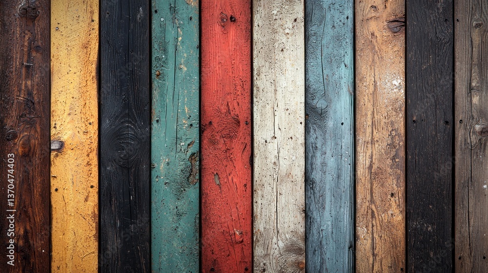 A row of wooden boards with different colors and patterns. The colors are red, yellow, green, blue, and white. The pattern is a mix of stripes and dots. Scene is cheerful and playful, as the colors A row of wooden boards with different colors and patterns. The colors are red, yellow, green, blue, and white. The pattern is a mix of stripes and dots. Scene is cheerful and playful, as the colors