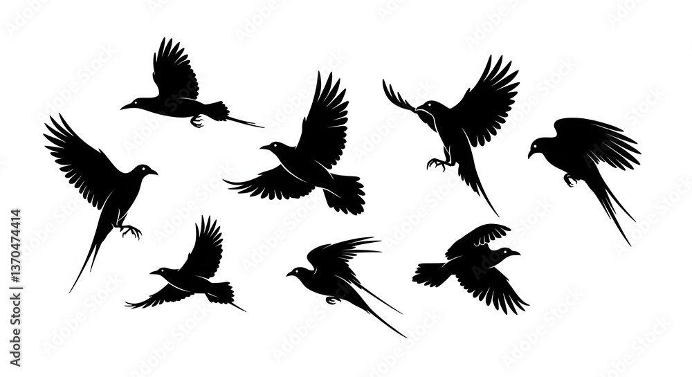 Obraz premium Black silhouettes of flying birds in motion