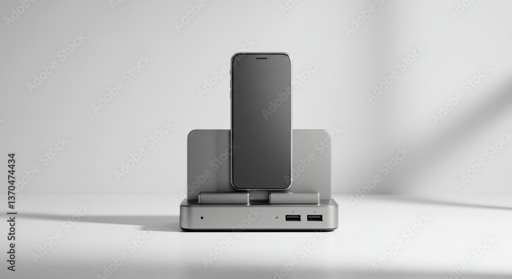 Sleek smartphone docking station illuminated by natural light on neutral backdrop Sleek smartphone docking station illuminated by natural light on neutral backdrop