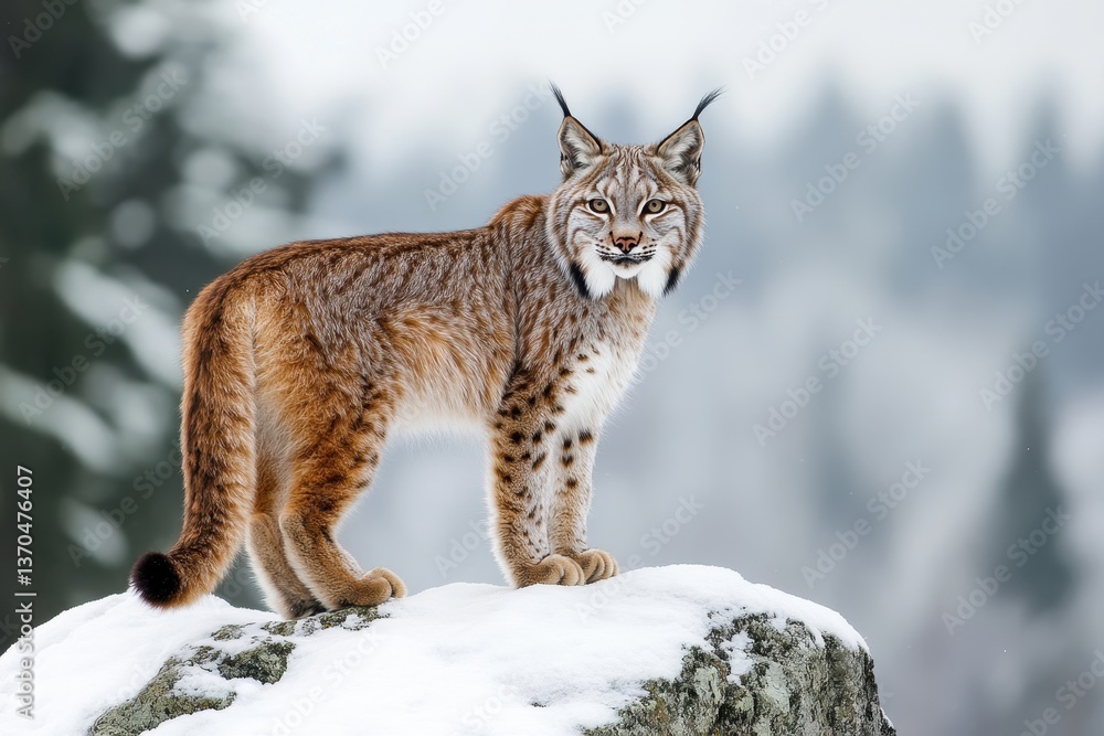 Obraz premium Eurasian lynx stands on rock in snow-covered forest during winter season