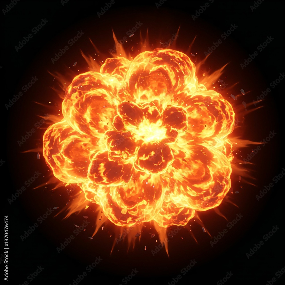Fototapeta premium Fiery Explosion Effect with Glowing Flame Burst in Dark Background for VFX or Game Design 暗い背景に広がる発光する炎の爆発エフェクト、VFXやゲームデザイン向けの素材