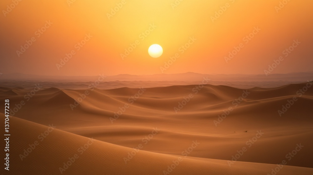 The desert landscape under an orange sky with a bright sun The desert landscape under an orange sky with a bright sun