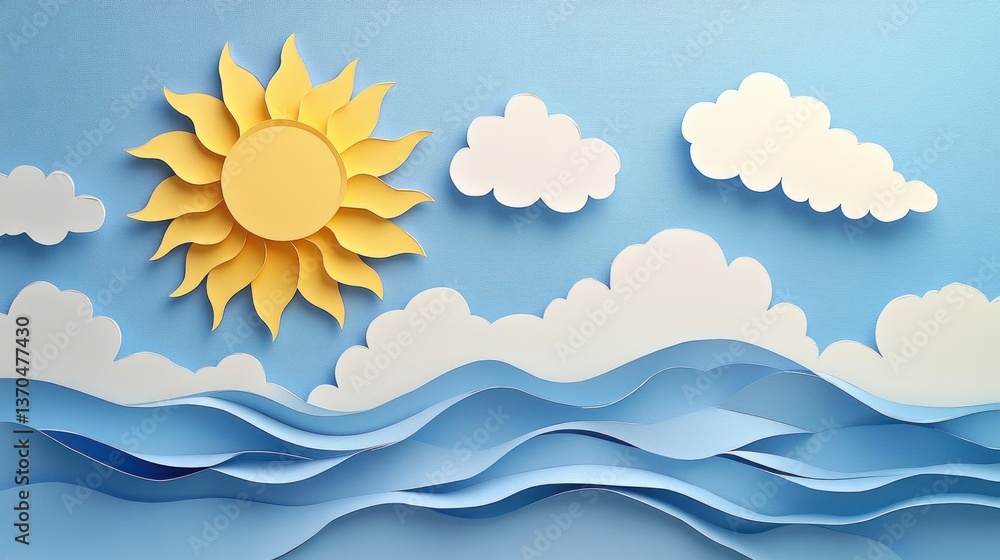 Paper art sunny ocean scene with clouds and waves. Paper art sunny ocean scene with clouds and waves.
