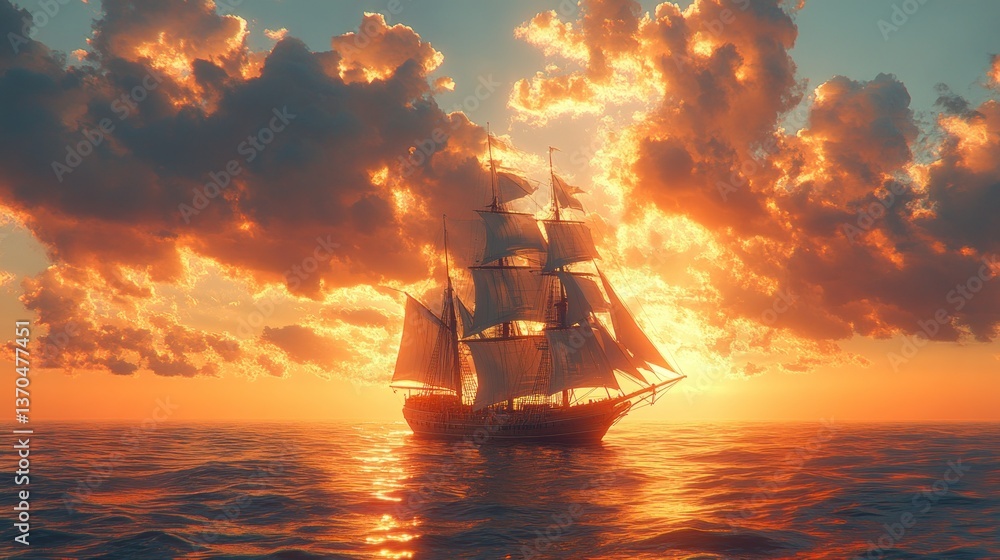 Fototapeta premium Majestic sailing ship at sunset