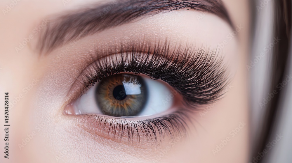 Obraz premium Close-up of thick, long eyelashes post beauty salon eyebrow and lash service. Open eye reveals full length of fake mink eyelash extensions, with soft lighting accentuating natural eye color.