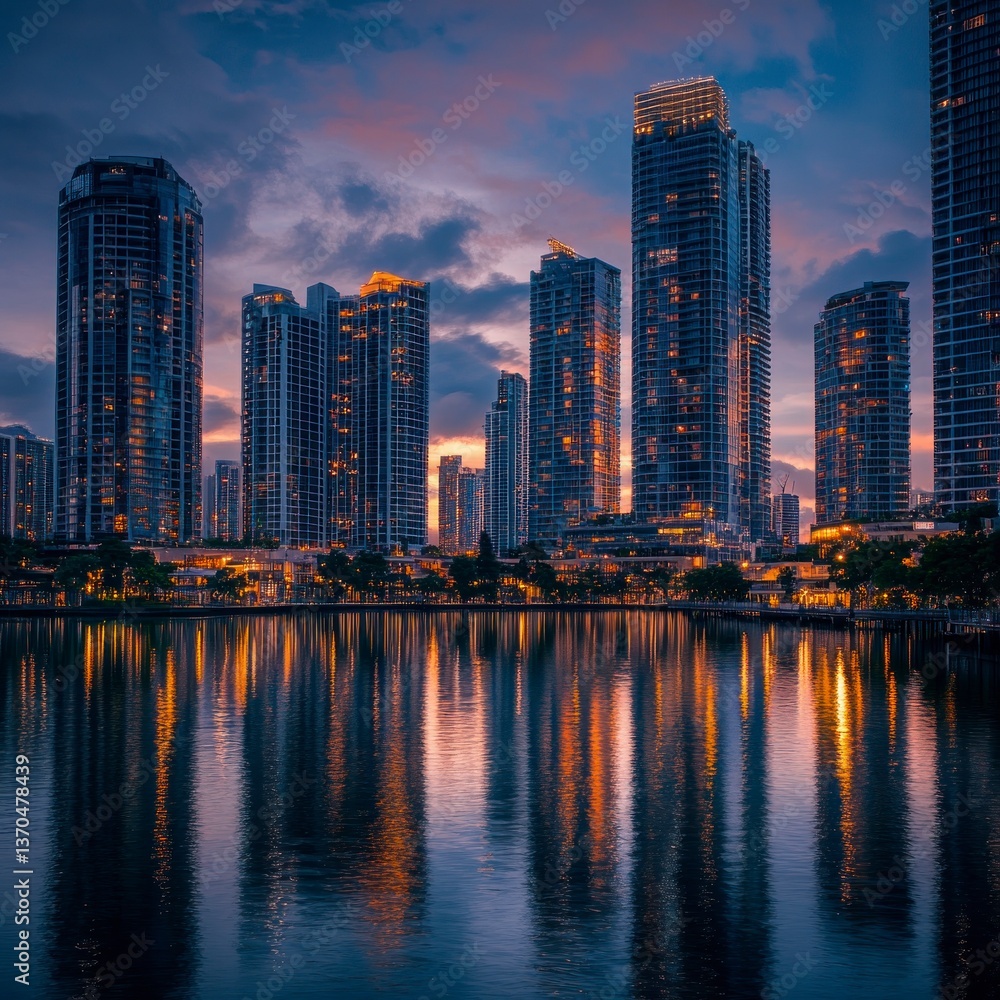 Fototapeta premium Cityscape twilight reflection, waterfront buildings