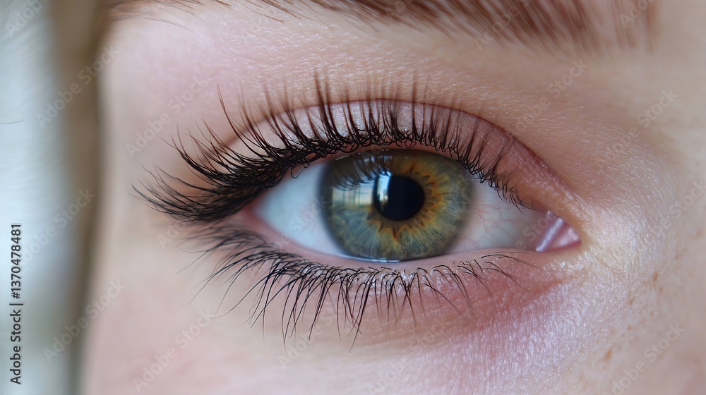 Fototapeta premium Close-up of thick, long eyelashes post beauty salon eyebrow and lash service. Open eye reveals full length of fake mink eyelash extensions, with soft lighting accentuating natural eye color.