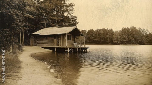 Rustic lakeside cabin, sepia toned.