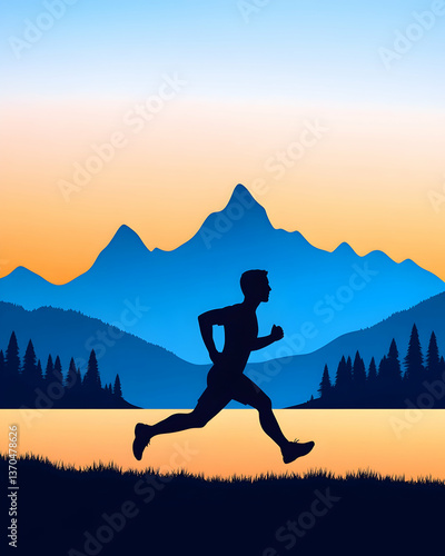 Silhouette of runner against scenic mountain sunset