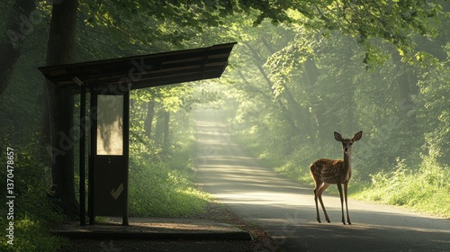 Foggy Forest Road, Deer at Bus Stop