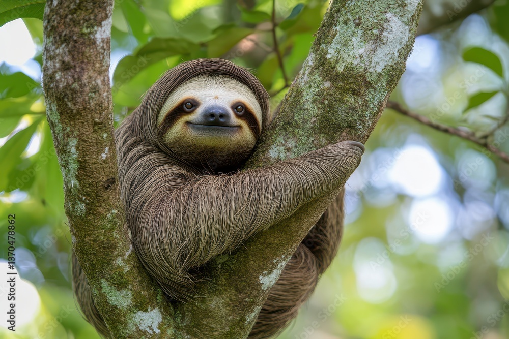 Fototapeta premium Sloth resting peacefully on a tree branch in a lush tropical forest during daylight hours