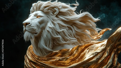 Majestic white lion draped in golden cloth photo