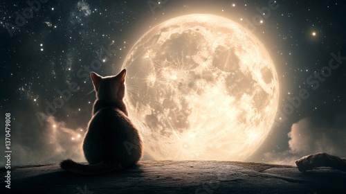 Cat gazes at giant moon, night sky, clifftop