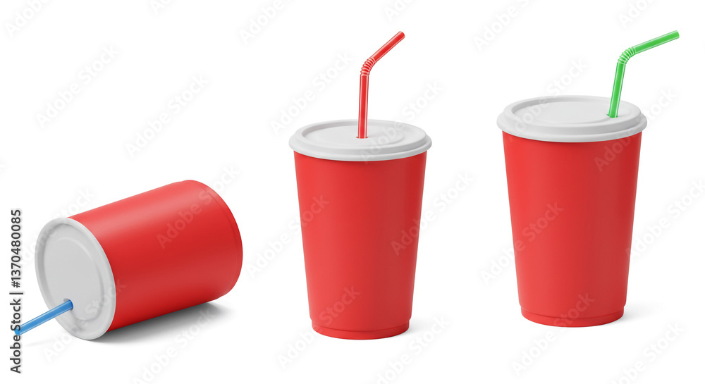 Three vibrant red soda cups, ready for a refreshing treat, with colorful straws playfully adding a touch of summer fun against a clean white backdrop. Three vibrant red soda cups, ready for a refreshing treat, with colorful straws playfully adding a touch of summer fun against a clean white backdrop.