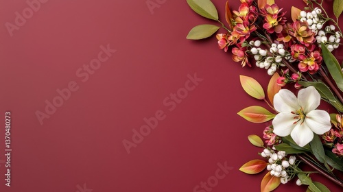 Elegant Floral Display White Flower with Red and Green Accents on Maroon