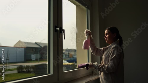 Wallpaper Mural A young woman washes a window with a special chemical agent. She uses a glass cleaner and microfiber. Torontodigital.ca