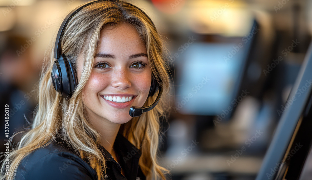 Customer service representative at work. A young woman with headphones smiles brightly while assisting customers at her desk in a busy office environment. Customer service representative at work. A young woman with headphones smiles brightly while assisting customers at her desk in a busy office environment.