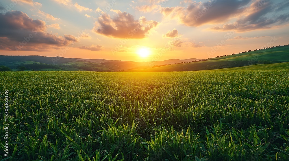 Artificial sun sunrise creating magical atmosphere over vibrant farmland fields Photo Artificial sun sunrise creating magical atmosphere over vibrant farmland fields Photo