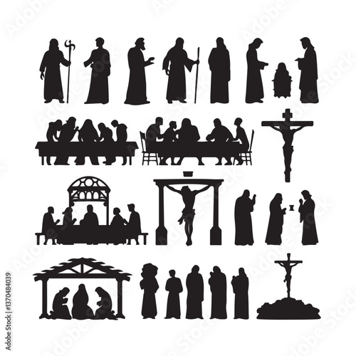  Biblical Silhouette Collection Featuring Jesus, Crucifixion, Last Supper, Nativity, and Disciples in Black Vector Illustrations for Religious and Christian Themes