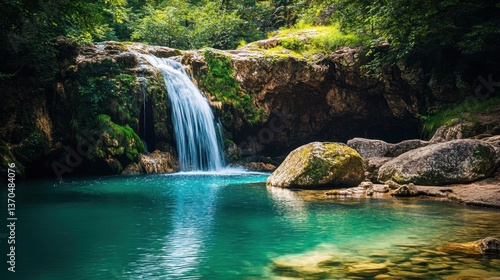 Tropical rainforest waterfall cascading into a crystal-clear pool, representing purity and ecological harmony