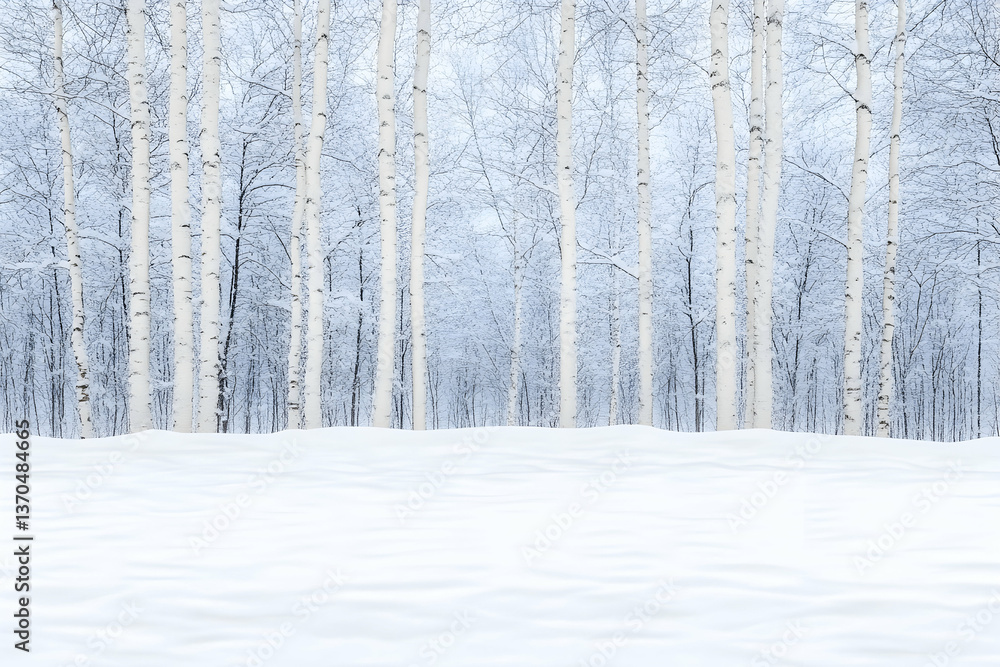 Snow-covered birch forest scene; pristine white snow, slender trees Snow-covered birch forest scene; pristine white snow, slender trees