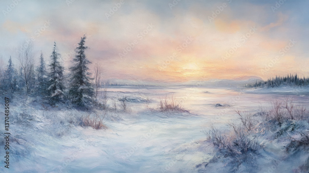 A serene winter landscape depicts a snow covered open field A serene winter landscape depicts a snow covered open field