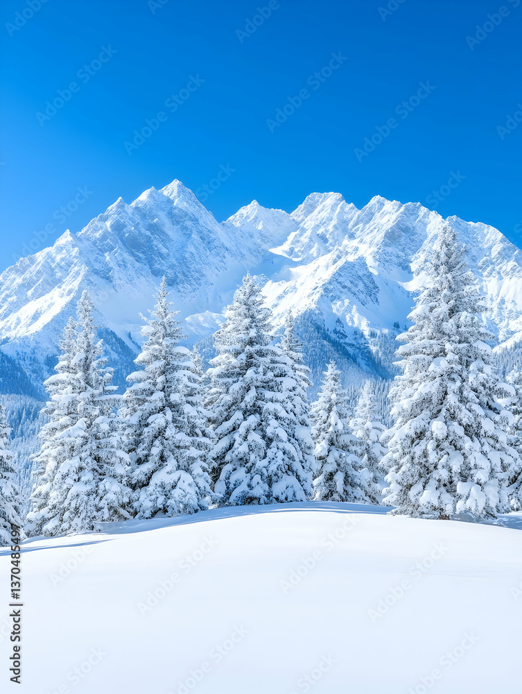Snow-covered evergreens against a backdrop of majestic, snow-capped mountains under a vibrant blue sky Snow-covered evergreens against a backdrop of majestic, snow-capped mountains under a vibrant blue sky