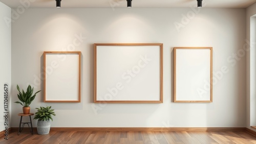 Empty wooden picture frames on a light wall in a minimalist room with potted plants