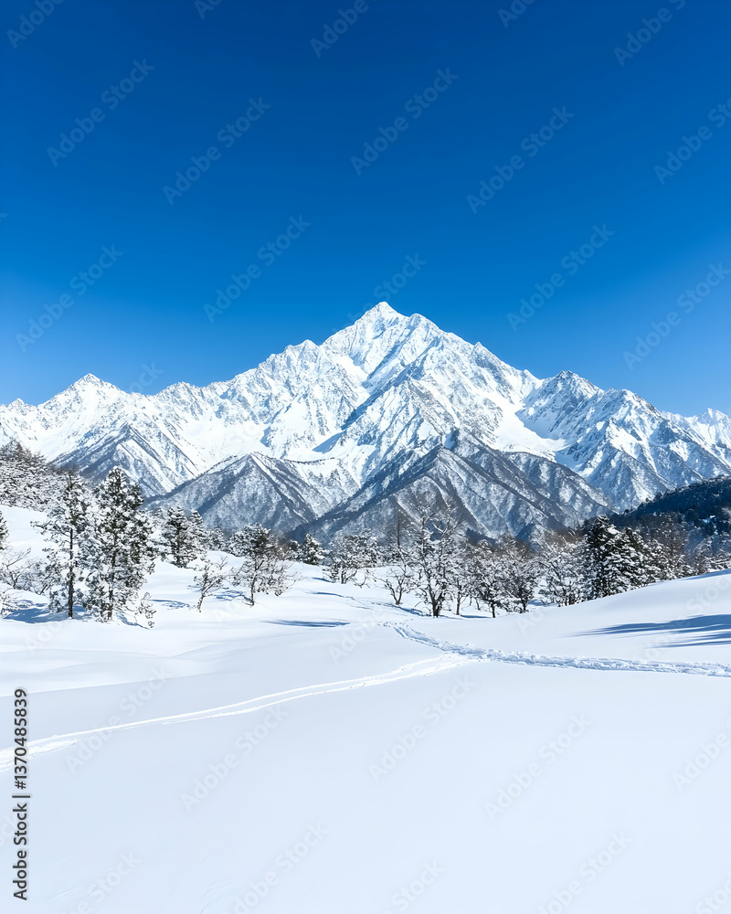Fototapeta premium Snow-covered mountain landscape under a vibrant blue sky Footprints trail through pristine snow towards majestic peak