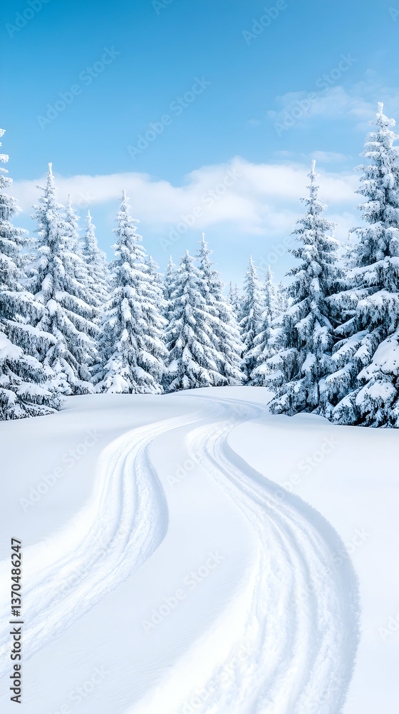 Snow-covered path winding through a pristine winter forest under a clear blue sky Snow-covered path winding through a pristine winter forest under a clear blue sky