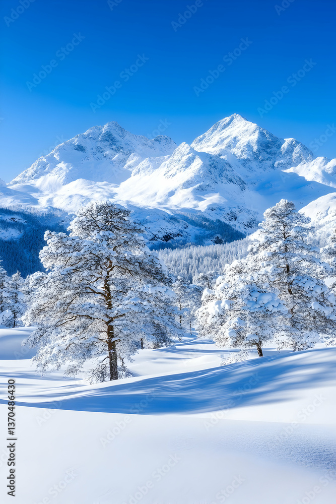Snow-covered pines in a sunlit alpine valley, majestic snow-capped mountains in background Snow-covered pines in a sunlit alpine valley, majestic snow-capped mountains in background