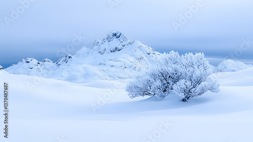 Wallpaper Mural Snowy mountain landscape with a frost-covered tree in the foreground Torontodigital.ca