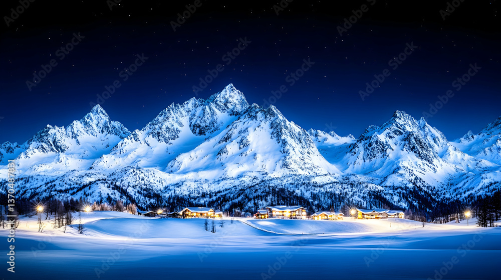Snowy mountain range at night, illuminated village below, starry sky Snowy mountain range at night, illuminated village below, starry sky