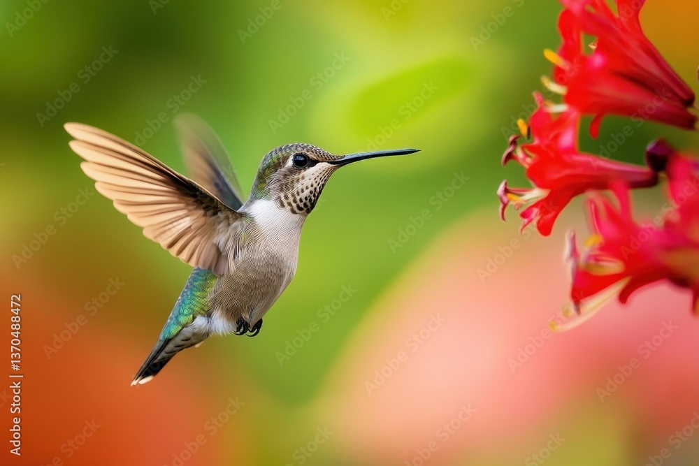 Fototapeta premium Hummingbird hovering near vibrant flowers in a garden during bright daylight