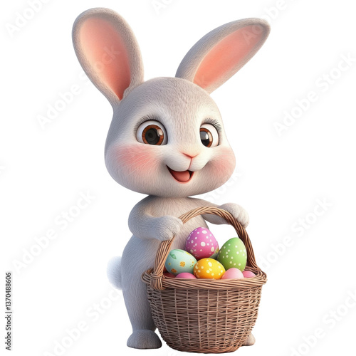 3d cute easter bunny holding a basket of eggs, easter illustration on transparent png background