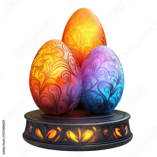 3d decorative egg stand with glowing eggs, easter illustration on transparent png background