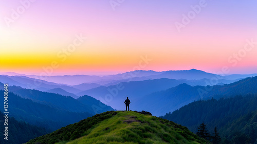 Solitary figure on mountaintop at sunset, overlooking vast, colorful mountain range