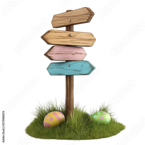 3d easter egg hunt signpost, easter illustration on transparent png background