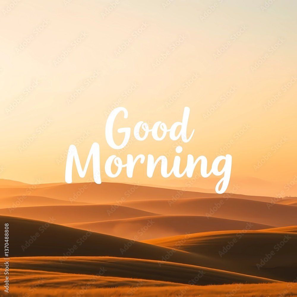 Fototapeta premium Good Morning lettering Sunshine Cozy Cottage at Sunrise with Lush Greenery