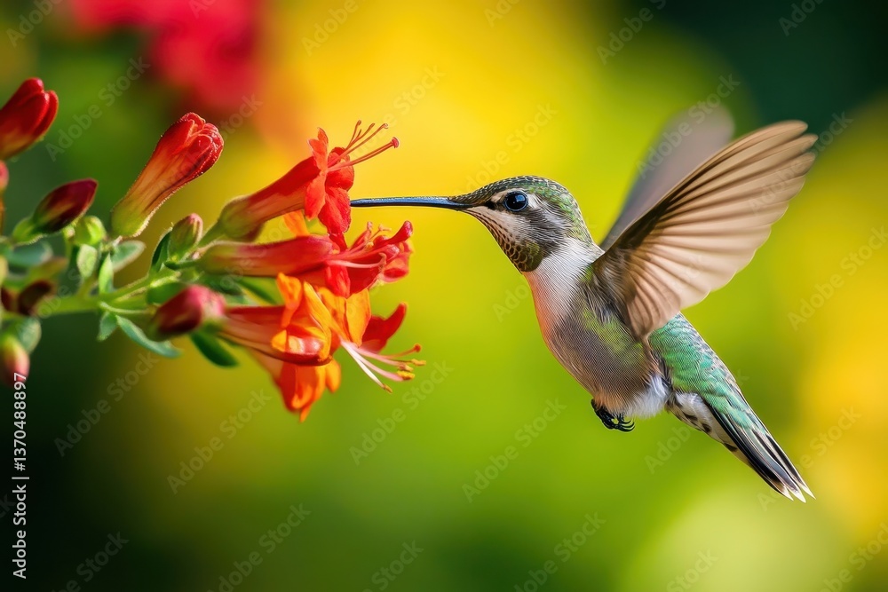 Naklejka premium Hummingbird feeding on vibrant orange flowers in a lush garden during sunny afternoon