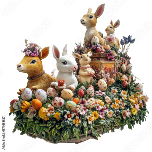 3d easter parade float with animals, easter illustration on transparent png background