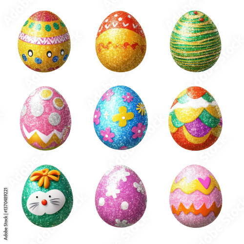 3d glittery easter stickers set, easter illustration on transparent png background