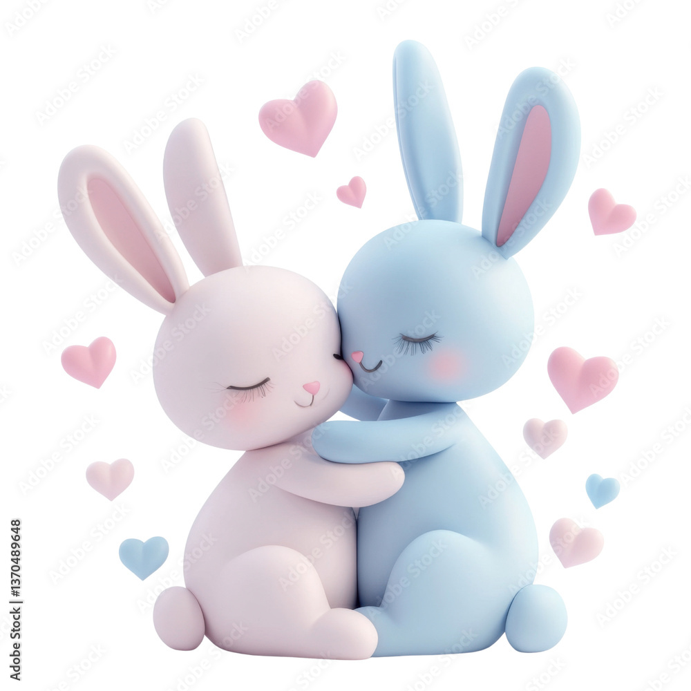 3d two bunnies hugging with pastel hearts around, easter illustration on transparent png background 3d two bunnies hugging with pastel hearts around, easter illustration on transparent png background