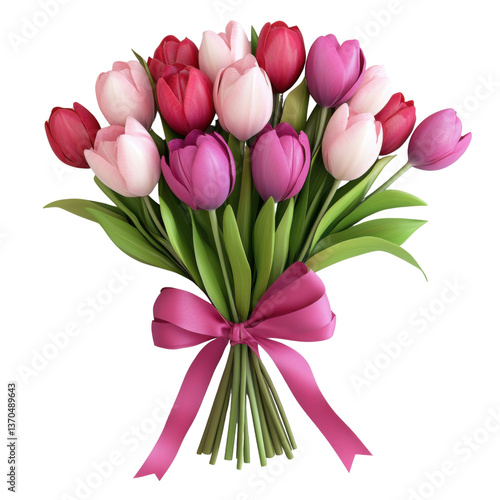 3d tulip bouquet with ribbon, spring illustration on transparent png background