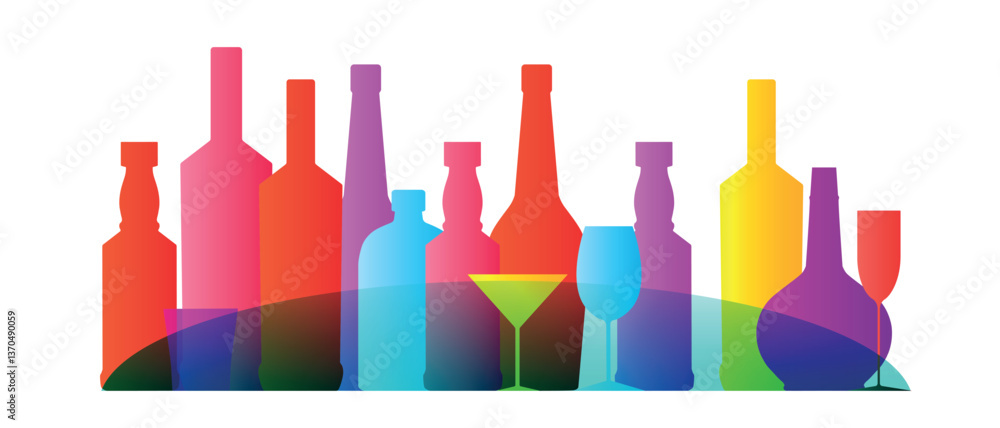 Design for bar, wine list, elite alcohol collection, drunken party. Vector graphics glasses, bottles of liqueur, brandy, whiskey, white wine Design for bar, wine list, elite alcohol collection, drunken party. Vector graphics glasses, bottles of liqueur, brandy, whiskey, white wine
