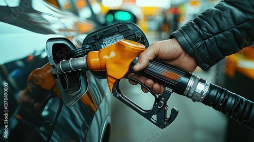 Refueling vehicle with gasoline at a fuel station