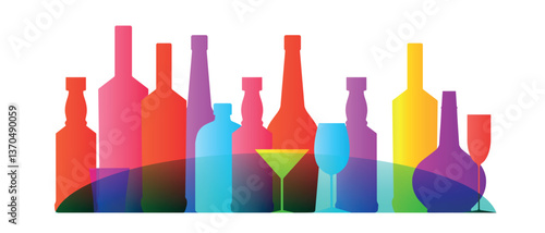 Design for bar, wine list, elite alcohol collection, drunken party. Vector graphics glasses, bottles of liqueur, brandy, whiskey, white wine